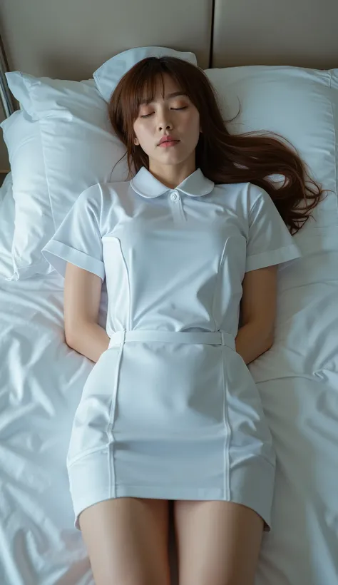 A pretty Japanese woman is laying unconscious on the bed, bound wrists behind your back, eyes close, very bright white skin, brown spread hair, natural bang, wearing a nurse uniform, tight short skirt, eye close, photorealistic, hyperrealism, whole body fr...
