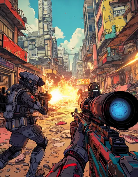 (masterpiece:1.2, excellent quality,Mirror Finish , MOVIE EXPERIENCE , best illustration:2.0,Super Detail),8k,16k,wallpaper,(cyberpunkの銃撃戦),(cyberpunk:2.0),(Near Future City:2.0),(first-person view),(背景は廃墟となったカラフルでディストピア的なcyberpunk都市が見えている),(Chaotic footag...