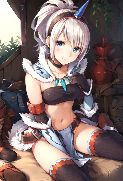 (score_9:0.9),score_8_up,score_7_up,rating_explicit,anime_style,(zPDXL),kirin beta armor,white single horn hairband,white detached sleeves,1young_girl,solo,blue eyes,looking at viewer,sitting,smile,plain_background,medium breasts,,closed mouth,collarbone,b...