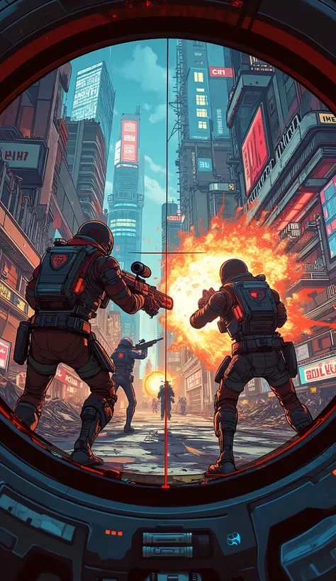(masterpiece:1.2, excellent quality,Mirror Finish , MOVIE EXPERIENCE , best illustration:2.0,Super Detail),8k,16k,wallpaper,(cyberpunkの銃撃戦),(cyberpunk:2.0),(Near Future City:2.0),(CHAOS FIGHT WITH SCIENTIFIC RIFLESCOPE),(ライフルスコープからは廃墟となったカラフルでディストピア的なcyber...