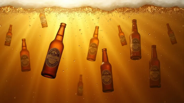 Beer bottles sinking into a sea of beer