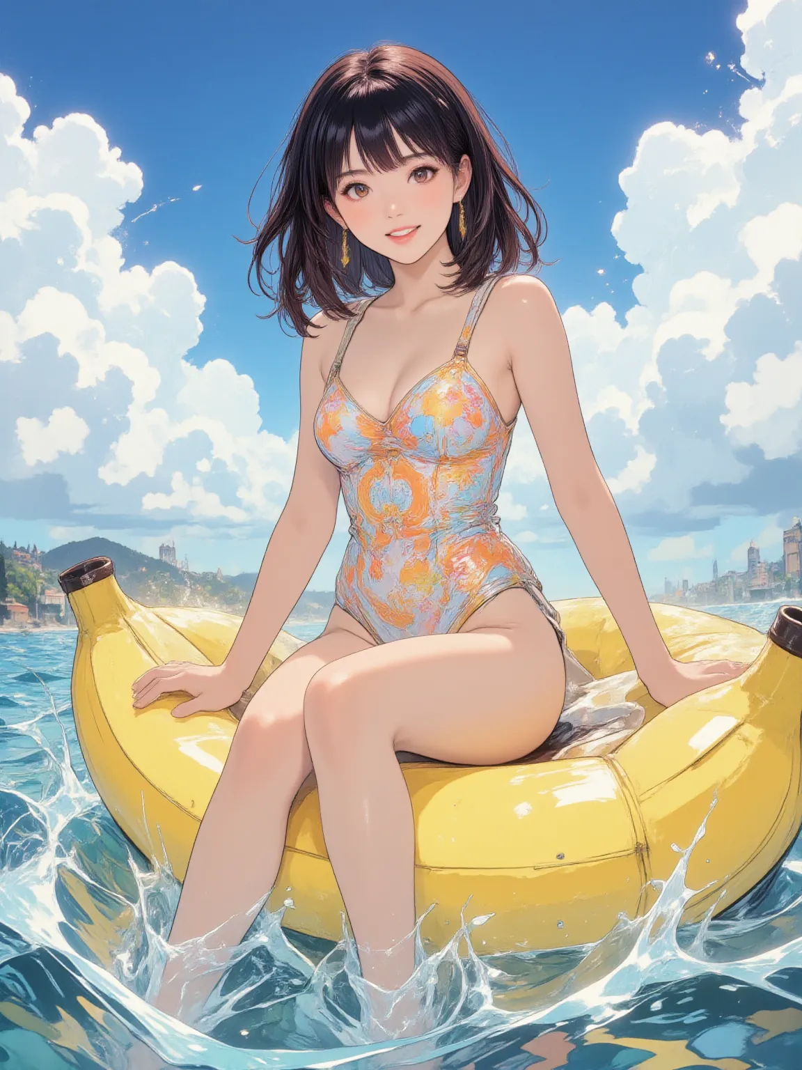 (Akaninbat) from front,
She wavy hair.
She is wearing a white and orange swimsuit.
She is playing banana boat. spread legs, looking at the view.
She looks cheerful, laughing and splashing in the sea water.