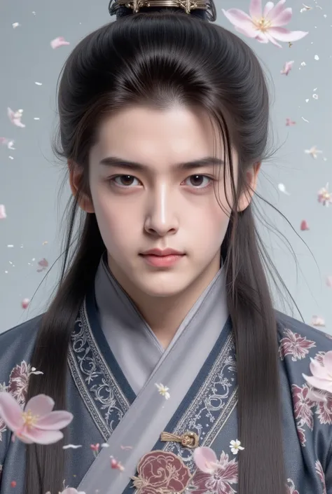 20-Year-Old Handsome Man With Long Hair Wearing Vintage Chinese Dress, Black Fur Exposing Zigpak, Curly Sky, Beautiful, Big Eyes, Big Eyes, Attractive Nose, White, Mouth, Slim Fit, High Definition Model, realistic texture, in high detail, Very detailed, m...