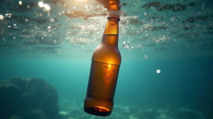 Beer bottle submerged in water