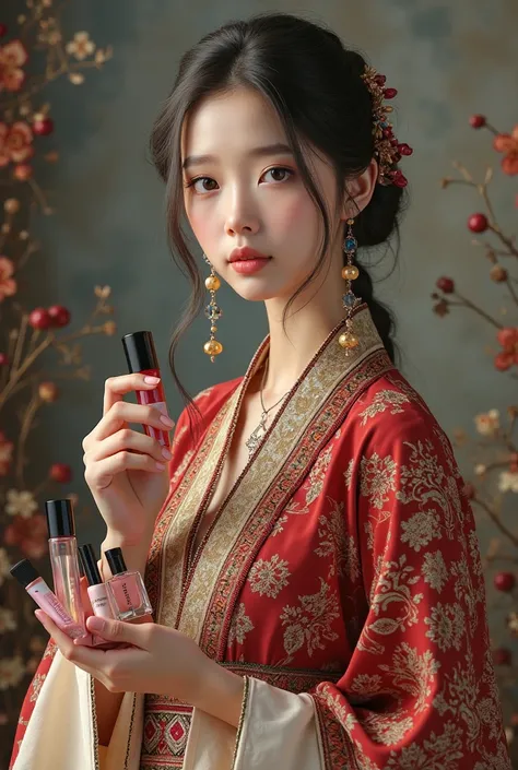 Asian girl in Kazakh national clothes with cosmetics in her hands
