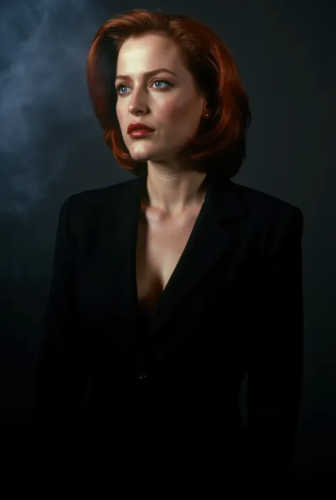 A hyper-realistic image of stunning young Dana Scully, dressed in a sleek female business suit; open unbuttoned jacked, partially exposed chest; she is standing in a dimly lit smoke-filled room; the scene is bathed in dramatic chiaroscuro lighting, inspire...