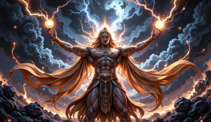 *"A hyper-realistic, dark fantasy 3D render of Lord Indra, the King of Devas, standing tall amidst a raging celestial storm, holding his divine Vajra Astra high in the air. His majestic golden armor glows with the energy of the heavens, and his piercing ce...