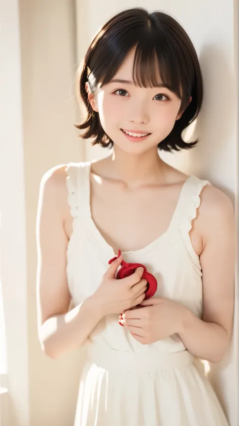 1 girl, Breathtakingly cute , perfect face,, Japanese,Ars, sexy, cinematic light, short hair, small boobs、I'm wearing super small size 、 who is sewing 、 short straight hair with bangs 、(( climbs above those watching ))