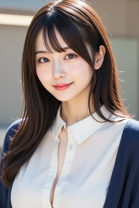 The face is positioned exactly in the center of the image , black hair , Tight Chest 、, the entire head is fully reflected , Face clearly visible、white blouse with collar and navy jacket, Women's Room Background , long hair、bungs, smile, young and cute ja...