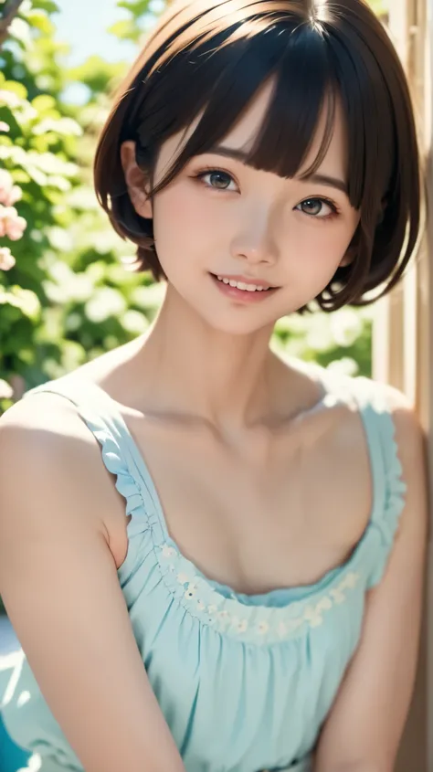 1 girl, Breathtakingly cute , perfect face,, Japanese,Ars, sexy, cinematic light, short hair, small boobs、I'm wearing super small size  、 who is sewing 、 short straight hair with bangs 、(( climbs above those watching ))