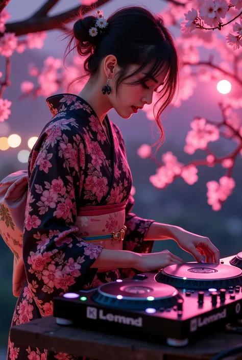 music that plays the arrival of spring, Attractive amazing composition, ((An adult female DJ wearing a Japanese kimono is operating the sound equipment, from above, perspective looking down from the top of a cherry blossom tree), from above, alone, (scratc...