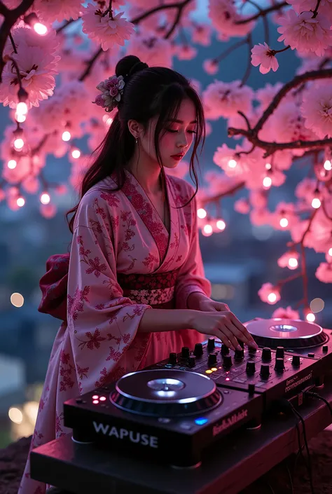 music that plays the arrival of spring, Attractive amazing composition, ((An adult female DJ wearing a Japanese kimono is operating the sound equipment, from above, perspective looking down from the top of a cherry blossom tree), from above, alone, (scratc...