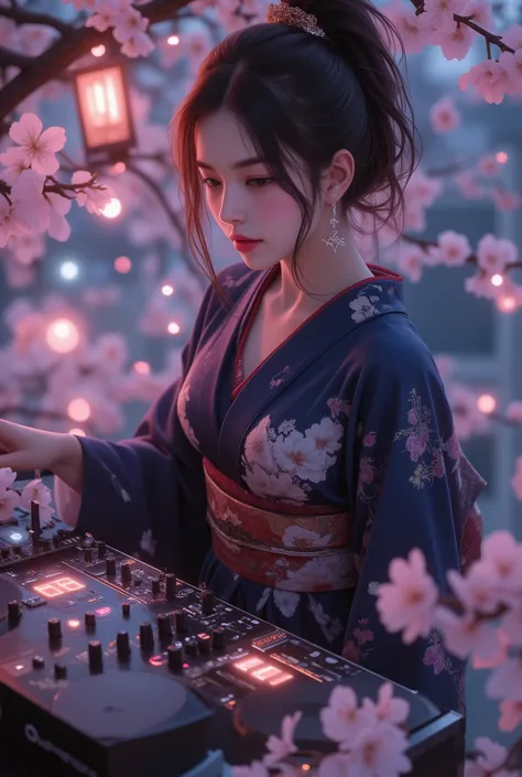 music that plays the arrival of spring, Attractive amazing composition, ((An adult female DJ wearing a Japanese kimono is operating sound equipment, from above, perspective looking down from the top of a cherry blossom tree), from above, alone, (scratch th...