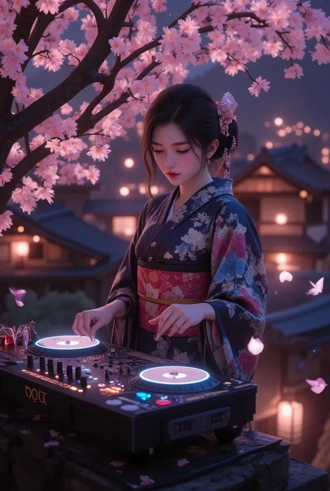 music that plays the arrival of spring, Attractive amazing composition, ((An adult female DJ wearing a Japanese kimono is operating the sound equipment, from above, perspective looking down from the top of a cherry blossom tree), from above, alone, (scratc...
