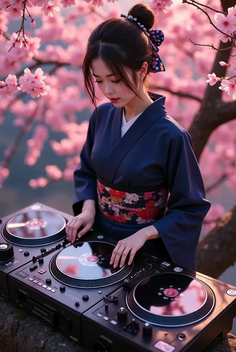 music that plays the arrival of spring, Attractive amazing composition, ((An adult female DJ wearing a Japanese kimono is operating sound equipment, from above, perspective looking down from the top of a cherry blossom tree), from above, Alone, (scratch th...