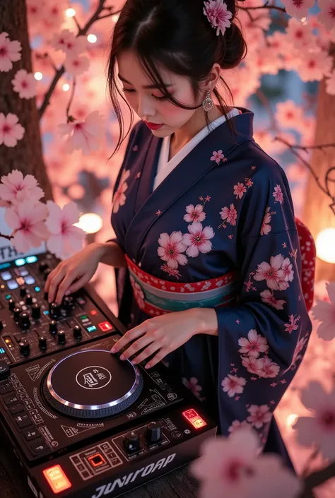 music that plays the arrival of spring, Attractive amazing composition, ((An adult female DJ wearing a Japanese kimono is operating sound equipment, from above, perspective looking down from the top of a cherry blossom tree), from above, Alone, (scratch th...