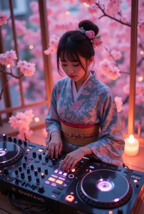 music that plays the arrival of spring, Attractive amazing composition, ((A female DJ wearing a Japanese kimono is operating the sound equipment, from above, perspective looking down from the top of a cherry blossom tree), from above, Alone, (scratch the t...
