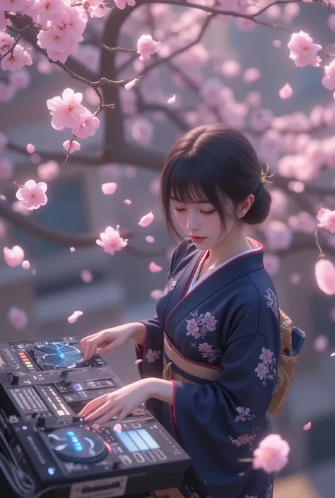 music that plays the arrival of spring, Attractive amazing composition, ((A female DJ wearing a Japanese kimono is operating the sound equipment, from above, perspective looking down from the top of a cherry blossom tree), from above, alone, (scratch the t...