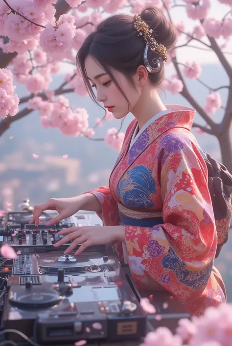 Spring is here奏でる音楽, ((A female DJ wearing a Japanese kimono is operating the sound equipment, perspective looking down from the top of a cherry blossom tree), from above, Alone, (scratch the turntable, } mix Operate the equalizer of, Create dynamic musica...