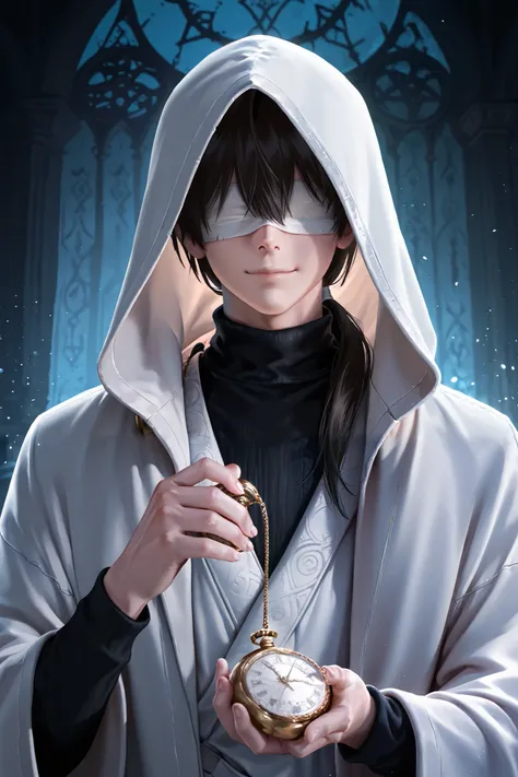 masterpiece, best quality, detailed eyes, semi realistic, 8k, boy, cool, small, white robe coat, black sweater, short black low ponytail hair, blindfold bandage, fantasy, solo character, wearing hood, holding white pocket watch, white particles, fantasy te...
