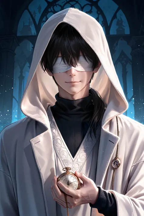 masterpiece, best quality, detailed eyes, semi realistic, 8k, boy, cool, small, white robe coat, black sweater, short black low ponytail hair, blindfold bandage, fantasy, solo character, wearing hood, holding white pocket watch, white particles, fantasy te...