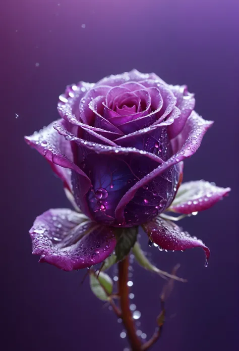 macro photo, sparkling magical fantasy glass purple glow Rose dewdrop, very detailed, amazing quality, intricate, cinematic light, highly detail, beautiful, surreal, dramatic, galaxy fantasy colors,