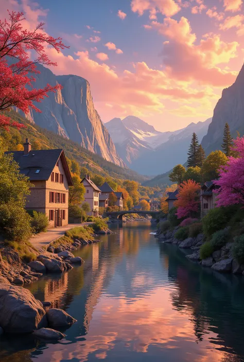 a small village by the river, mountains in the background, floral flowers colorful, detailed landscape, Beautiful natural landscapes, atmospheric lighting, scorching sunset, warm colours, practical, photopractical, Detailed Foliage, complex buildings, cobb...