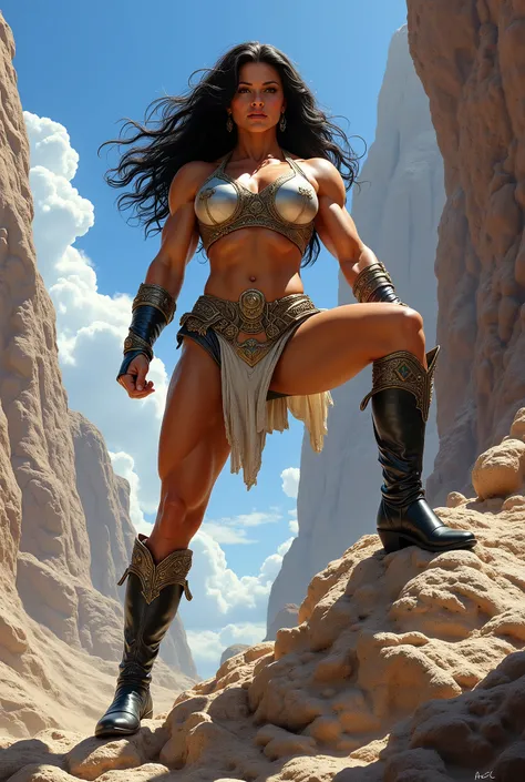 xena , profile , long hair , a victorious pose , professional , action , cinema , powerful , Authoritarian , pose on top of a rock , On stones one leg is bent over the stone , and a medieval setting , full body , composição professional artística , High l...