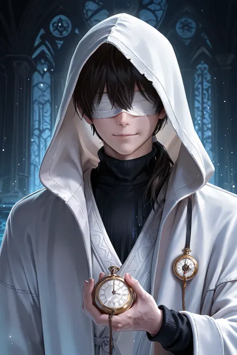 masterpiece, best quality, detailed eyes, semi realistic, 8k, boy, cool, small, white robe coat, black sweater, short black low ponytail hair, blindfold bandage, fantasy, solo character, wearing hood, holding white pocket watch, white particles, fantasy te...