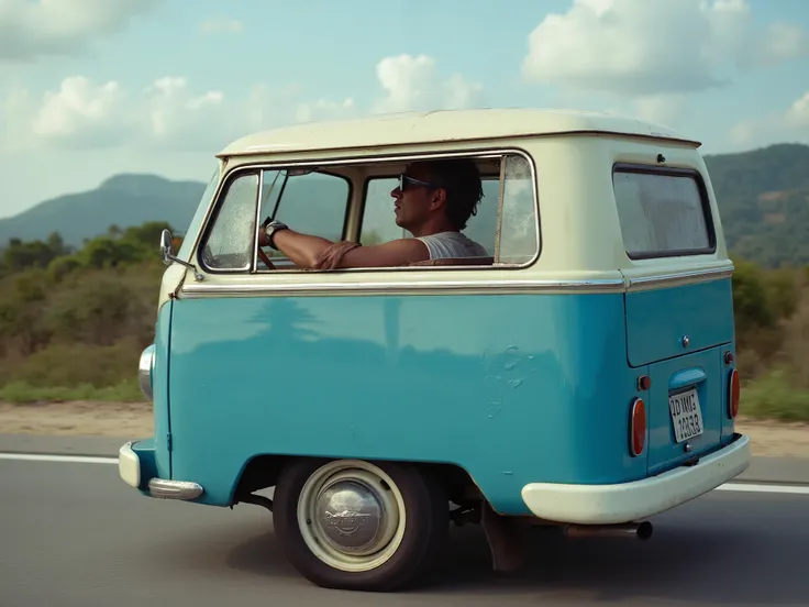 Side view of a person driving on a road in Brazil, an old blue and white van Kombi (1965) Vw,  right view , side view,, Realistic photo,  photo control, Side photo , professional photo, Realistic photo