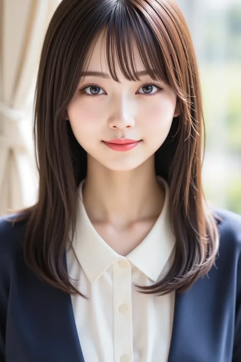 The face is positioned exactly in the center of the image , black hair , Tight Chest 、, the entire head is fully reflected , Face clearly visible、white blouse with collar and navy jacket, Women's Room Background , long hair per person、bungs, smile, young ...