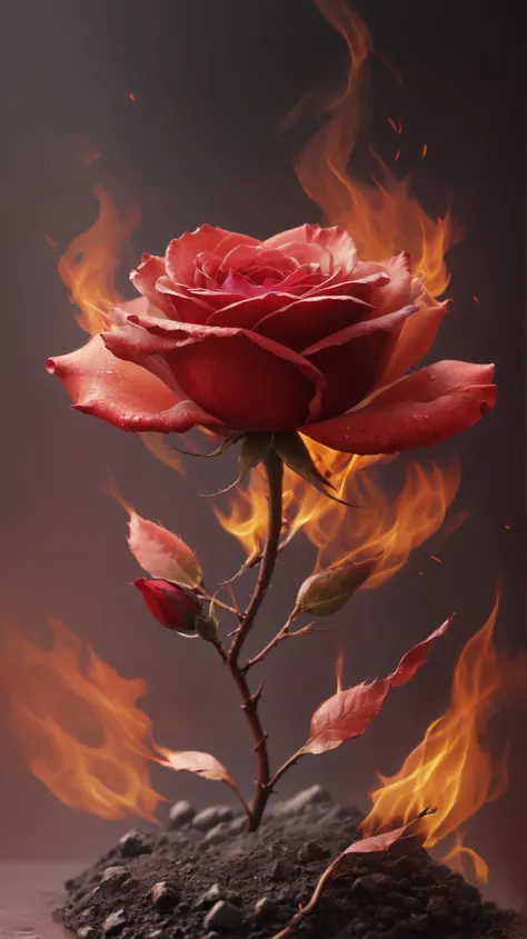 Red colour fire Rose glass realistic cinematic alone looking majestic