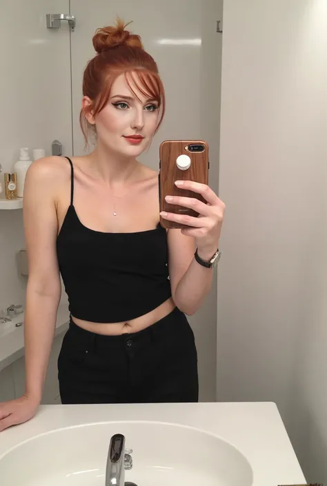 Image is a selfie taken in a modern bathroom setting. The style is casual and candid, with a focus on the subject, a person with fair skin and red hair styled in a bun. They are wearing a black sleeveless top and black pants, posing in front of a mirror wh...