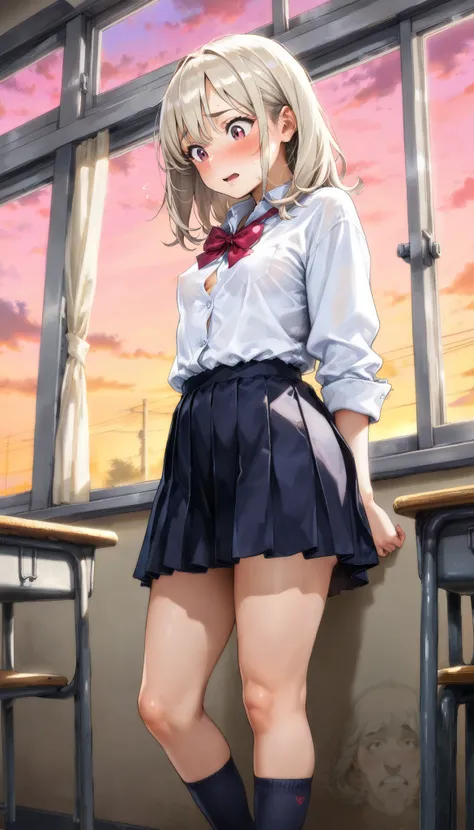 top quality , details, 18 years oldの美しい女の子1人 ,,( platinum blonde medium hair ),、 gal、 1 girl, is standing, Suggested gender, ,A girl who opens her mouth wide, 18 years old, (small breasts:0.8), beautiful face, White Dress Shirt, button to peek here, Chest,...