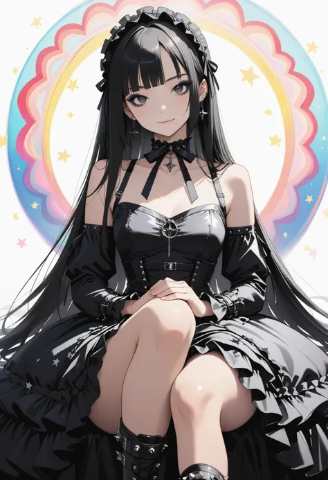 Punk rock star 、Gothic Lolita style dress to sit with both hands on your right knee、 black hair、dark eyeliner、long hair per person、straight hair、psychedelic、Arrange a