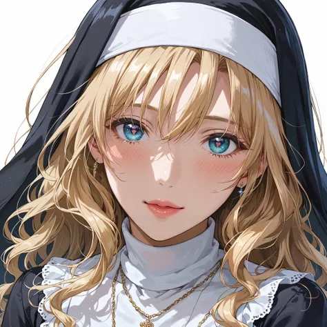 This is extremely detailed , Digital illustration of a young provocative woman in a nun outfit, black cross drawn on plump lips , フォトリアリスティックなスタイルin. The subject is a light-skinned woman with a pale complexion , length, Wavy blonde hair peeking out ...
