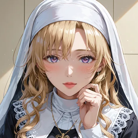 This is extremely detailed , Digital illustration of a young provocative woman in a nun outfit, black cross drawn on plump lips , フォトリアリスティックなスタイルin. The subject is a light-skinned woman with a pale complexion , length, Wavy blonde hair peeking out ...