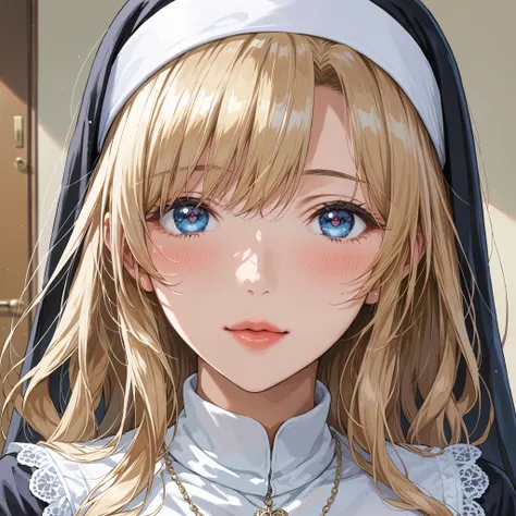This is extremely detailed , Digital illustration of a young provocative woman in a nun outfit, black cross drawn on plump lips , フォトリアリスティックなスタイルin. The subject is a light-skinned woman with a pale complexion , length, Wavy blonde hair peeking out ...
