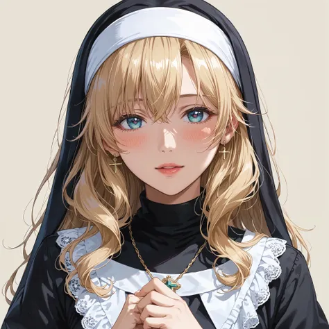 This is extremely detailed , Digital illustration of a young provocative woman in a nun outfit, black cross drawn on plump lips , フォトリアリスティックなスタイルin. The subject is a light-skinned woman with a pale complexion , length, Wavy blonde hair peeking out ...