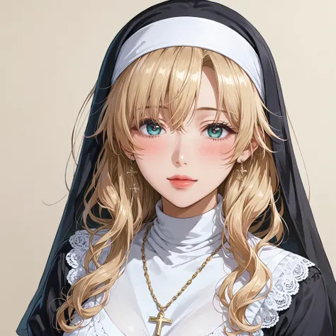 This is extremely detailed , Digital illustration of a young provocative woman in a nun outfit, black cross drawn on plump lips , フォトリアリスティックなスタイルin. The subject is a light-skinned woman with a pale complexion , length, Wavy blonde hair peeking out ...