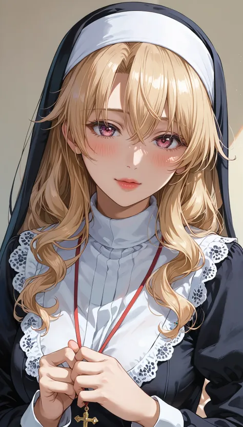 This is extremely detailed , Digital illustration of a young provocative woman in a nun outfit, black cross drawn on plump lips , フォトリアリスティックなスタイルin. The subject is a light-skinned woman with a pale complexion , length, Wavy blonde hair peeking out ...