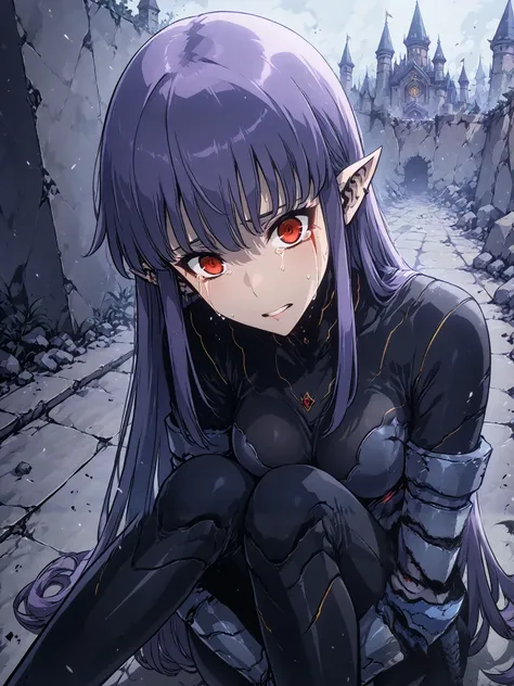 1girl, solo, esil radiru, beautiful, crying heavily, tears, plain black shirt, plain black pants, slender body, medium breasts, crimson eyes, highly detailed eyes, expressive eyes, natural eye shape, iris with visible details, anatomically correct, super d...