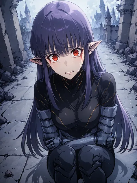 1girl, solo, esil radiru, beautiful, crying heavily, tears, plain black shirt, plain black pants, slender body, medium breasts, crimson eyes, highly detailed eyes, expressive eyes, natural eye shape, iris with visible details, anatomically correct, super d...