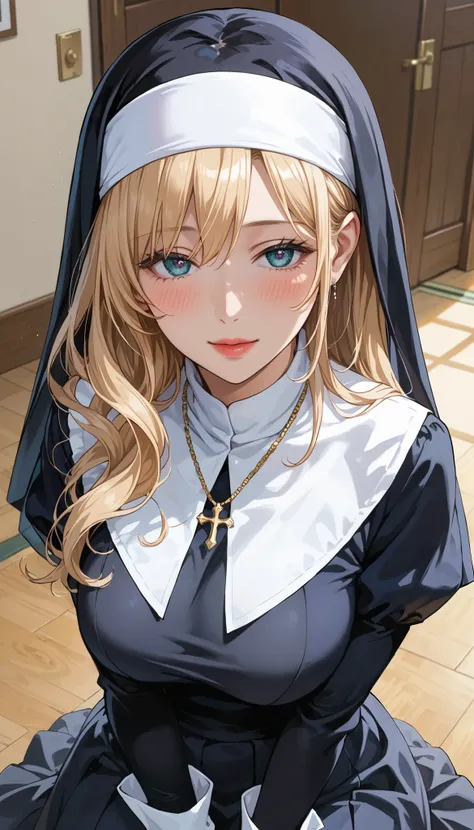 This is extremely detailed , Digital illustration of a young provocative woman in a nun outfit, black cross drawn on plump lips , フォトリアリスティックなスタイルin. The subject is a light-skinned woman with a pale complexion , length, Wavy blonde hair peeking out ...