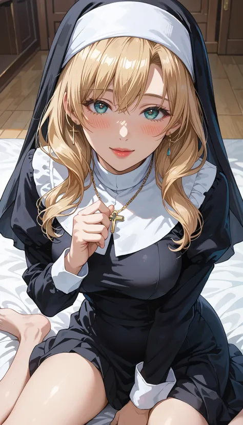 This is extremely detailed , Digital illustration of a young provocative woman in a nun outfit, black cross drawn on plump lips , フォトリアリスティックなスタイルin. The subject is a light-skinned woman with a pale complexion , length, Wavy blonde hair peeking out ...