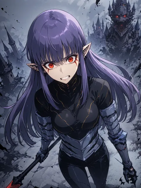 1girl, solo, esil radiru, beautiful, angry, feral, furious, plain black shirt, plain black pants, slender body, medium breasts, crimson eyes, highly detailed eyes, expressive eyes, natural eye shape, iris with visible details, anatomically correct, super d...