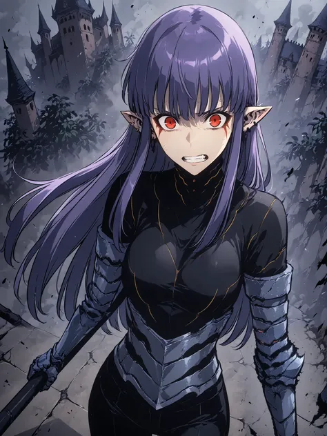 1girl, solo, esil radiru, beautiful, angry, feral, furious, plain black shirt, plain black pants, slender body, medium breasts, crimson eyes, highly detailed eyes, expressive eyes, natural eye shape, iris with visible details, anatomically correct, super d...