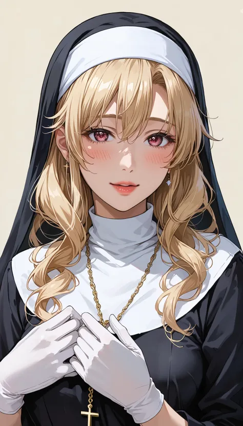 This is extremely detailed , Digital illustration of a young provocative woman in a nun outfit, black cross drawn on plump lips , フォトリアリスティックなスタイルin. The subject is a light-skinned woman with a pale complexion , length, Wavy blonde hair peeking out ...