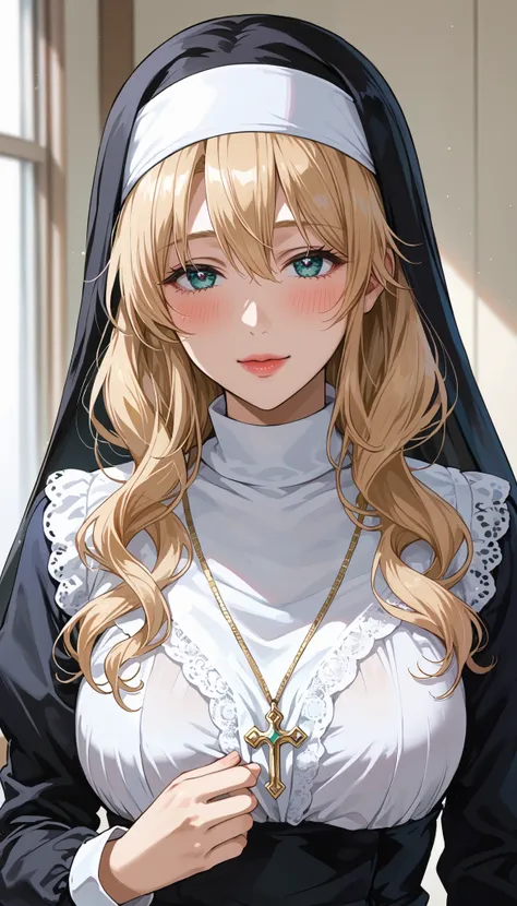 This is extremely detailed , Digital illustration of a young provocative woman in a nun outfit, black cross drawn on plump lips , フォトリアリスティックなスタイルin. The subject is a light-skinned woman with a pale complexion , length, Wavy blonde hair peeking out ...