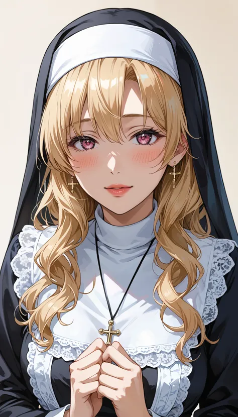 This is extremely detailed , Digital illustration of a young provocative woman in a nun outfit, black cross drawn on plump lips , フォトリアリスティックなスタイルin. The subject is a light-skinned woman with a pale complexion , length, Wavy blonde hair peeking out ...